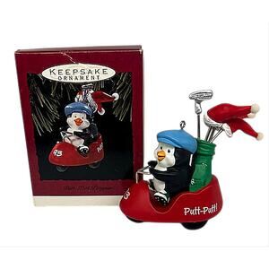 Vtg 1993 Hallmark Putt Putt Penguin Red Golf Cart Christmas Ornament